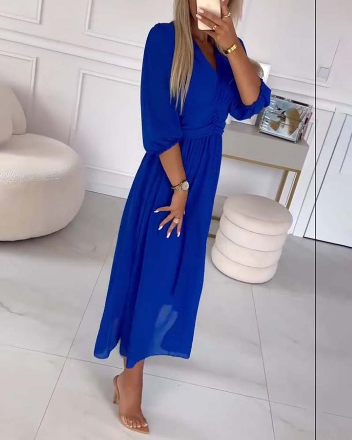 V-hals Jurk in Effen Kleur met Taille