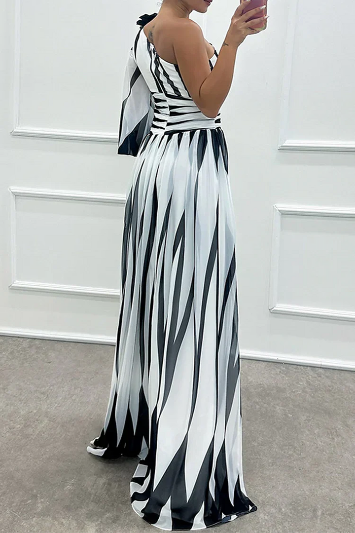 Elegante Gestreepte One Shoulder Maxi Jurk