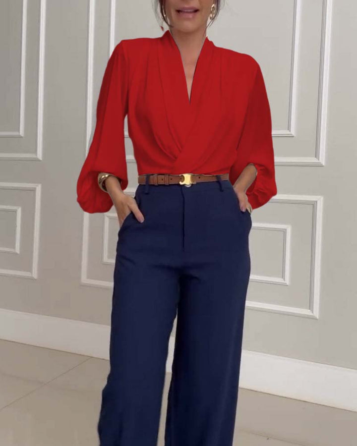 Modieuze effen V-hals blouse met lampionmouwen