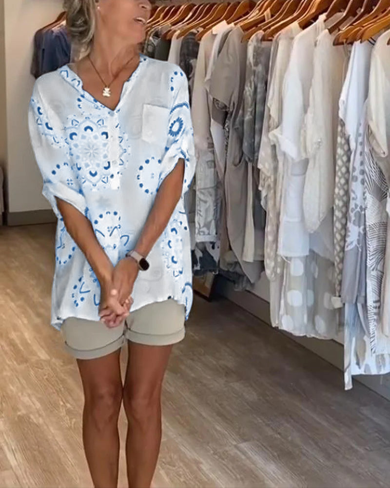 Veelzijdige V-Neck Printed Half Sleeves Blouse