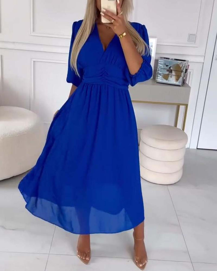 V-hals Jurk in Effen Kleur met Taille