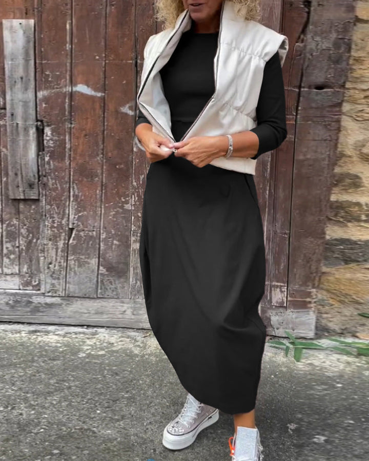 Elegante jurk met lange mouwen, zakken en een eenvoudige effen kleur