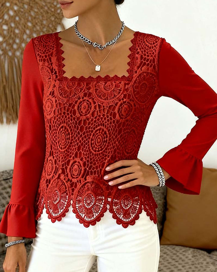Gehaakte Patchwork Blouse met Wijde Hals