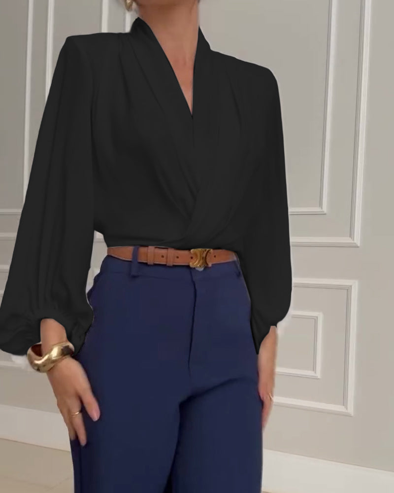 Modieuze effen V-hals blouse met lampionmouwen