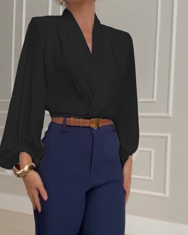 Modieuze effen V-hals blouse met lampionmouwen