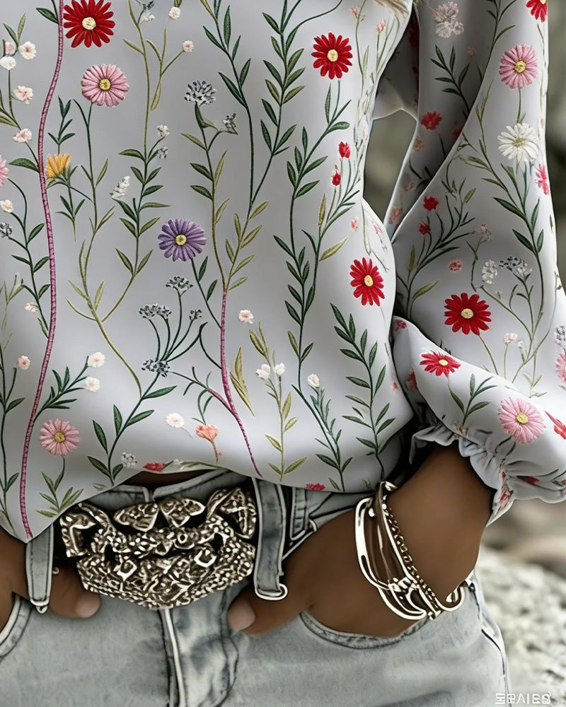 V-hals blouse met bloemenprint en pofmouwen