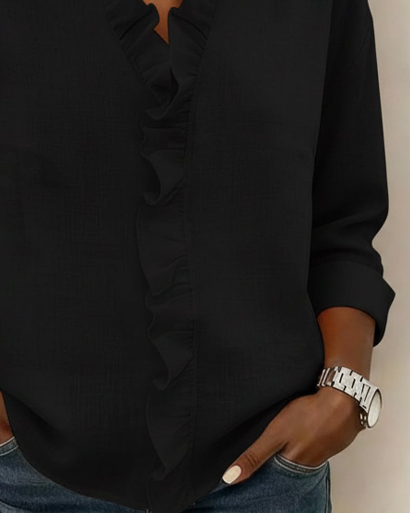 Ruffle V-hals blouse met lange mouwen