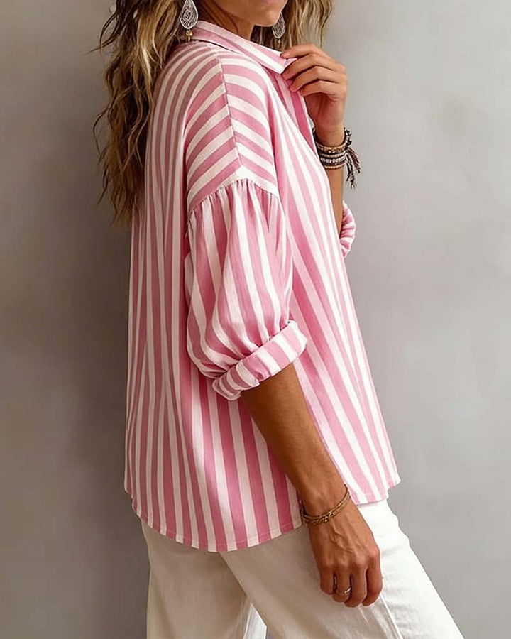Gestreepte Losvallende Blouse met Kraag