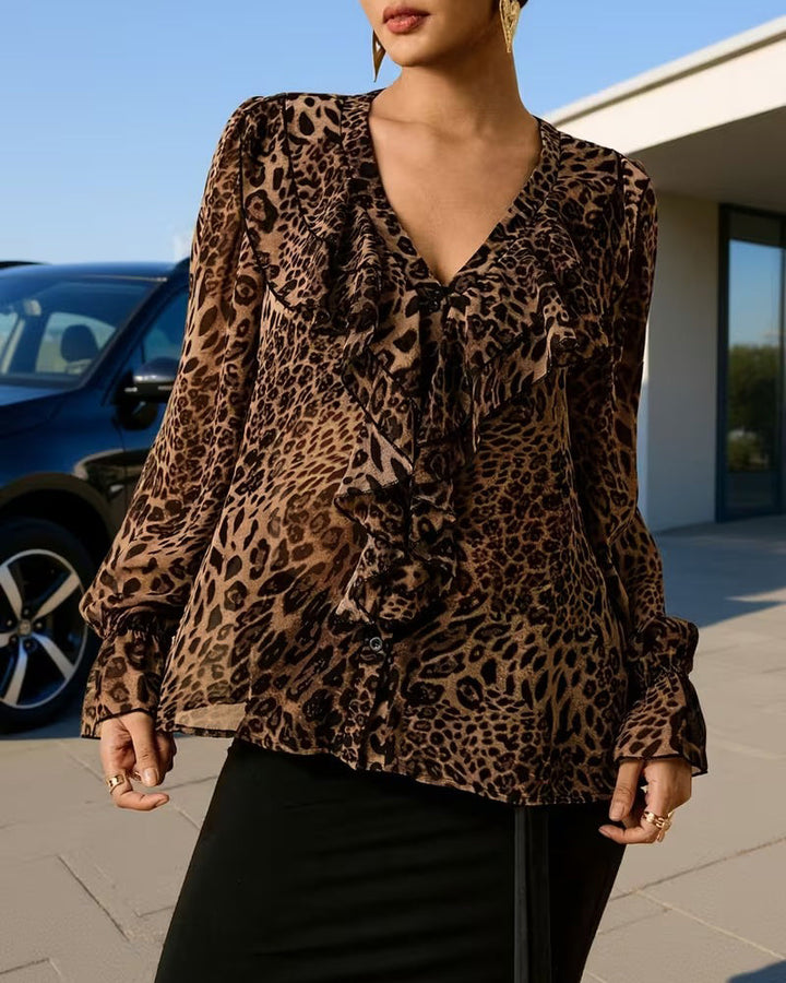 V-hals blouse met ruches en luipaardprint