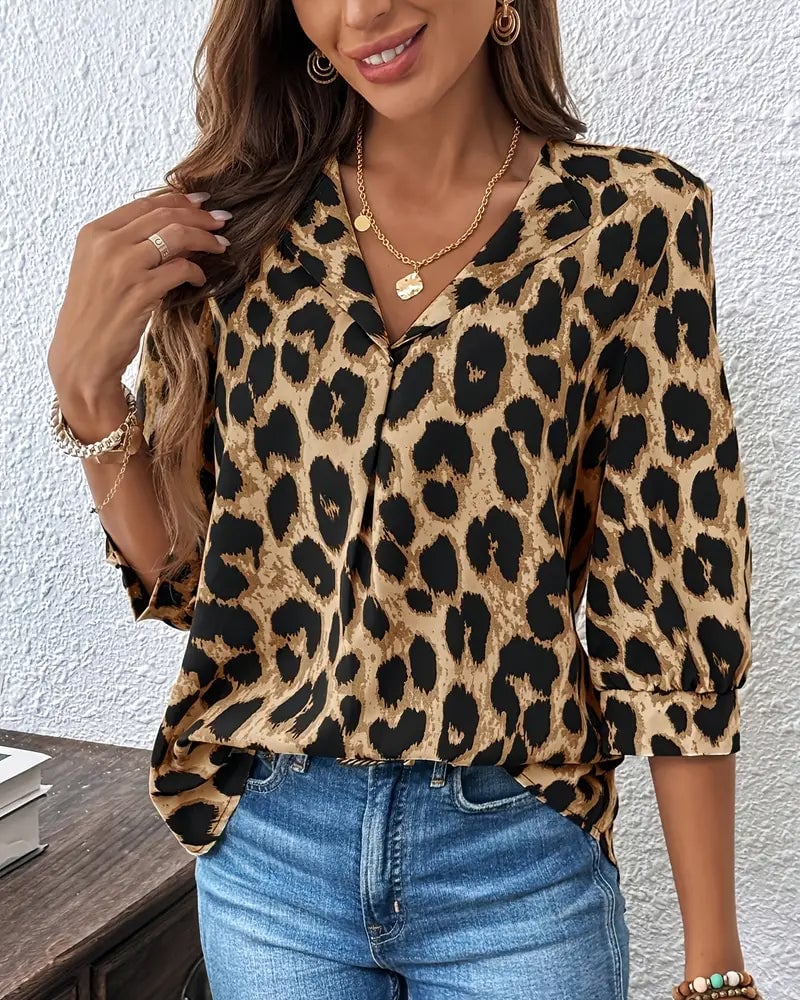 Losse Blouse met Luipaardprint en Halve Mouwen