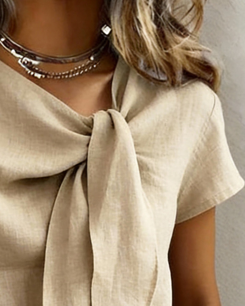 Casual blouse met V-hals en korte mouwen van linnenmix