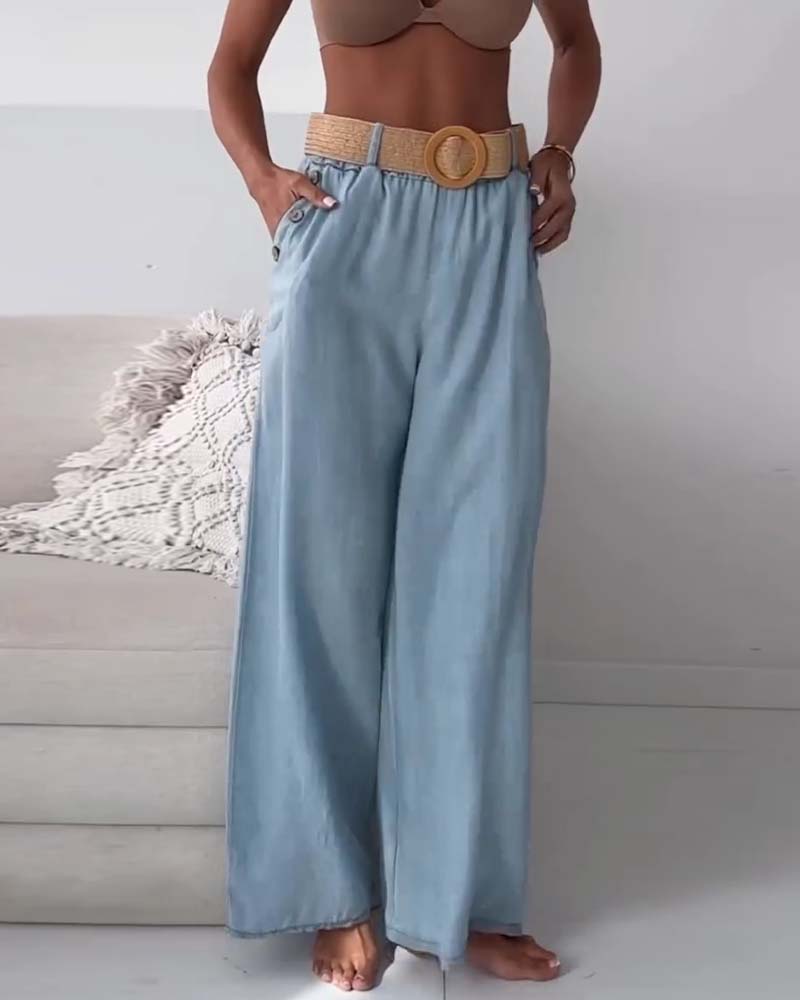 Washed denim wijde pijpen broek
