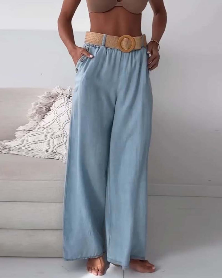 Washed denim wijde pijpen broek