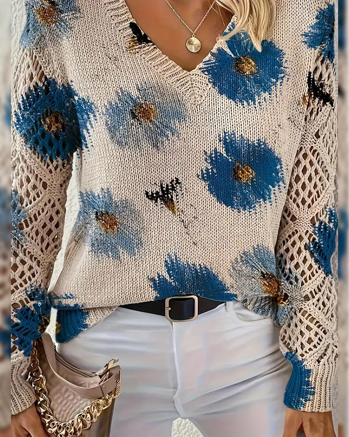 Jacquard trui met V-hals en lange mouwen