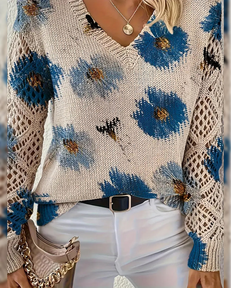 Jacquard trui met V-hals en lange mouwen