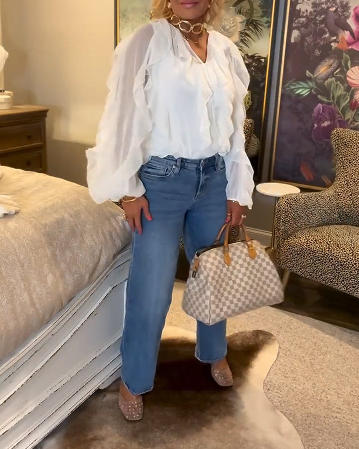 Vloeiend Effen Shirt met Ruffles