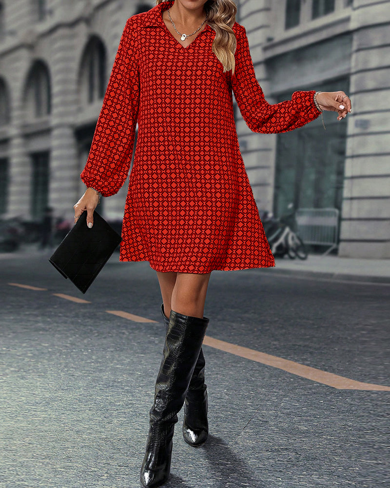 Printed Jurk met Revers en Lange Mouwen