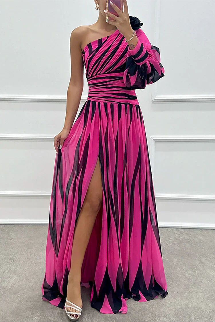 Elegante Gestreepte One Shoulder Maxi Jurk