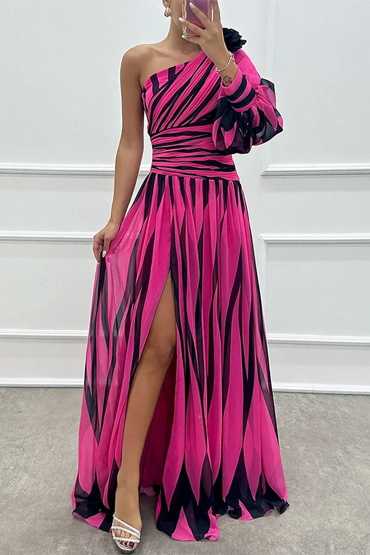 Elegante Gestreepte One Shoulder Maxi Jurk