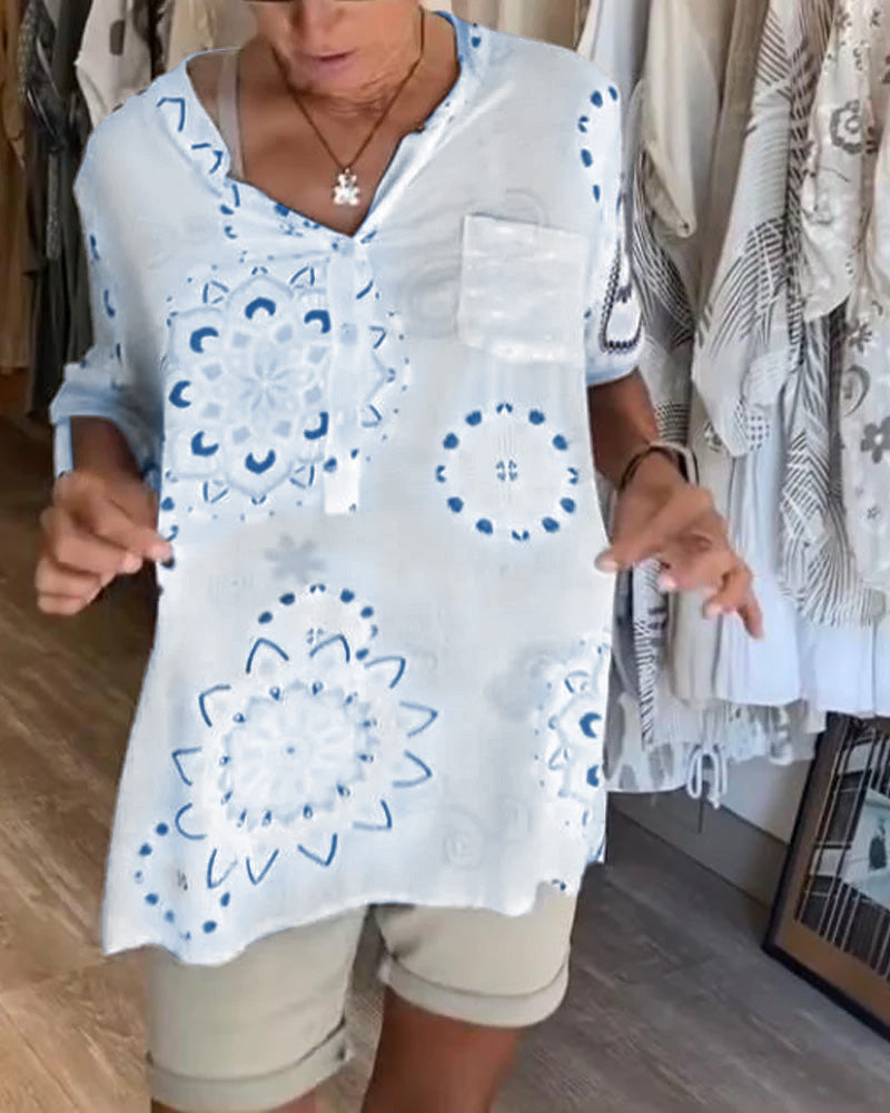 Veelzijdige V-Neck Printed Half Sleeves Blouse