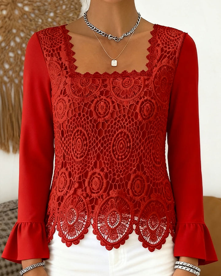 Gehaakte Patchwork Blouse met Wijde Hals