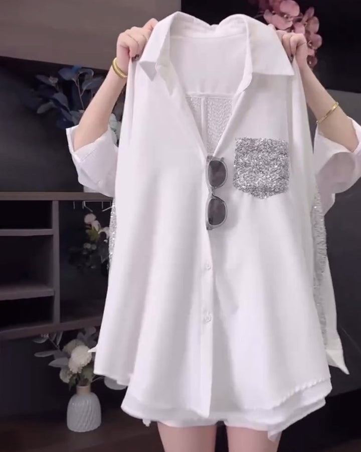 Shirt met lange mouwen, pailletten en revers