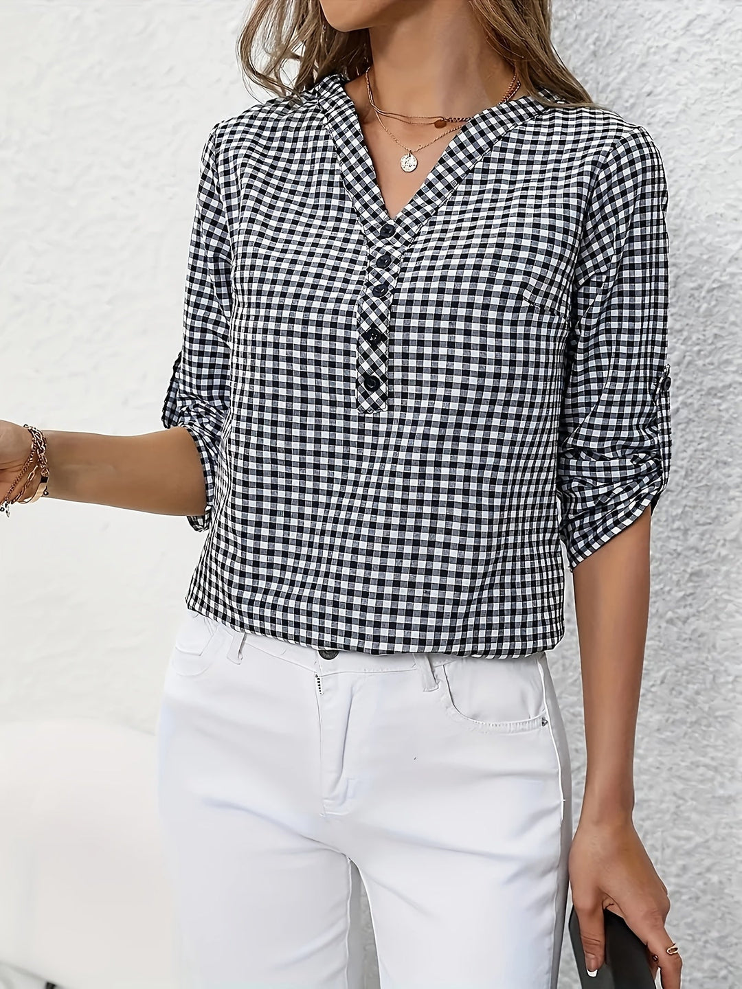 Elegante V-hals Ruitjesblouse