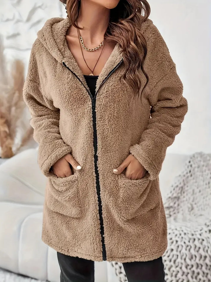 Elegante Plush Hooded Coat met rits en opgestikte zakken voor dames