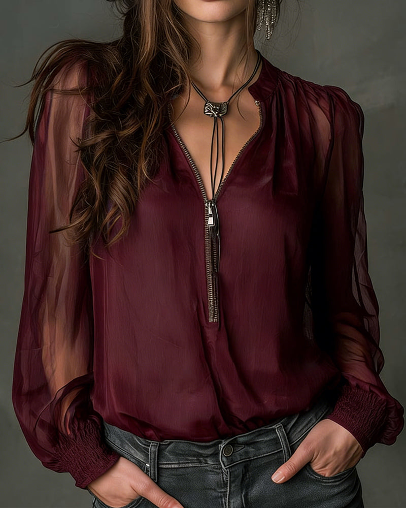 Halfrits Mesh Blouse met Lange Mouwen