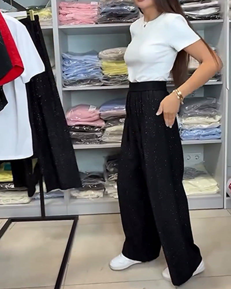 Stijlvolle hoge taille glanzende wijd uitlopende broek