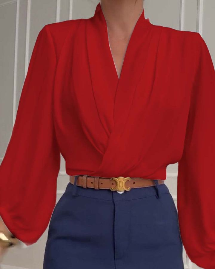 Modieuze effen V-hals blouse met lampionmouwen