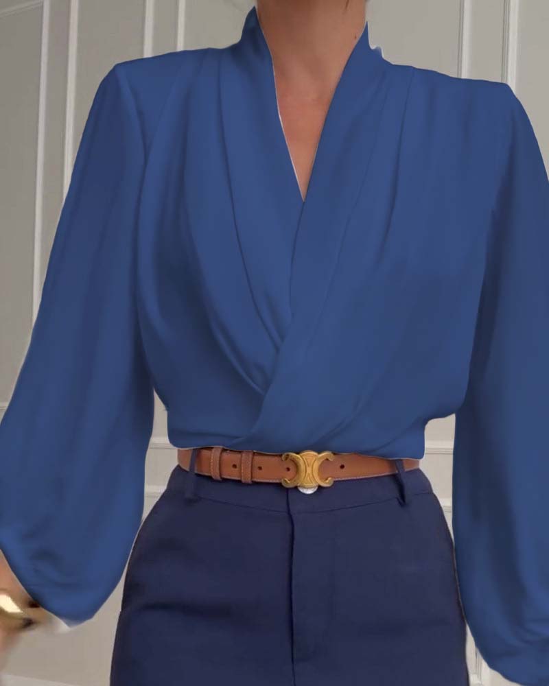 Modieuze effen V-hals blouse met lampionmouwen