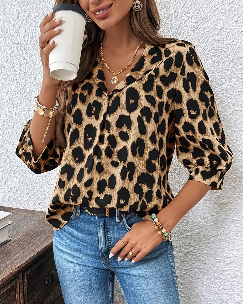 Losse Blouse met Luipaardprint en Halve Mouwen