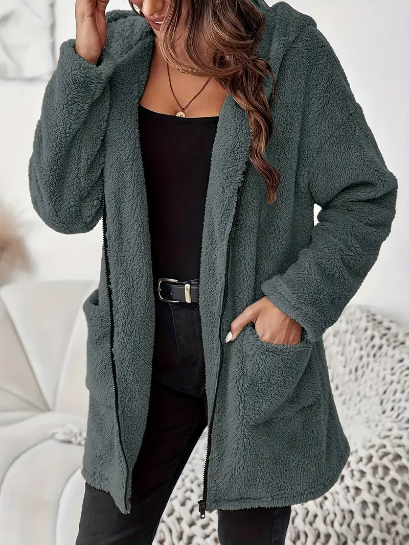 Elegante Plush Hooded Coat met rits en opgestikte zakken voor dames