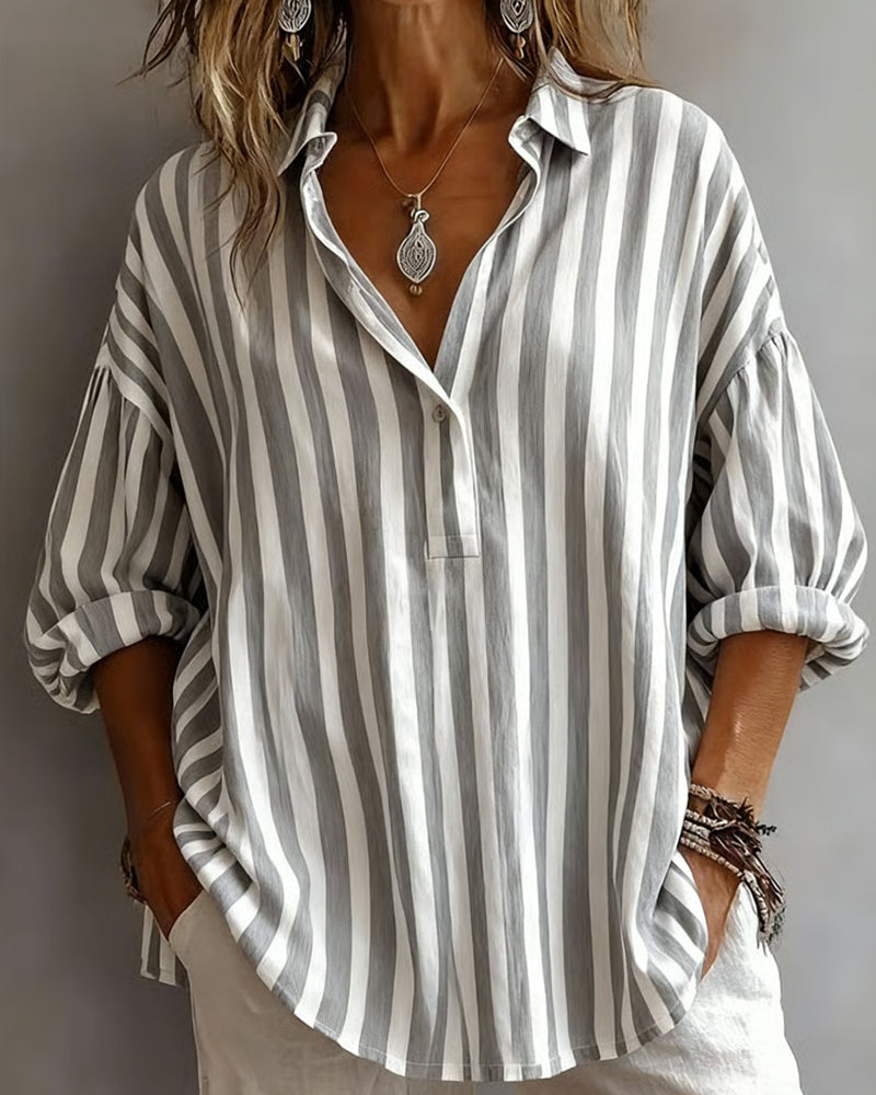 Gestreepte Losvallende Blouse met Kraag