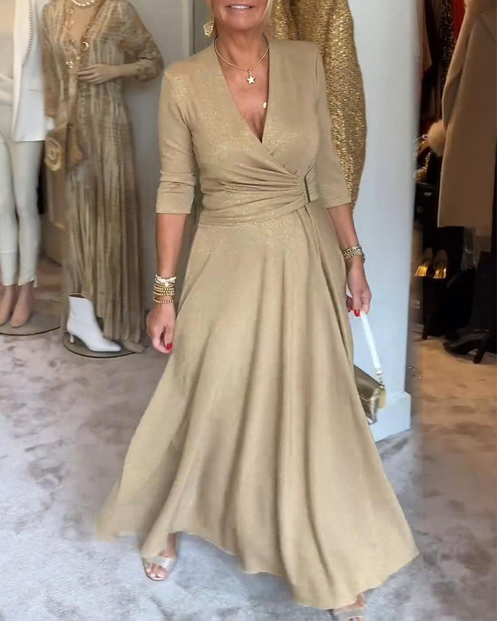 Elegante effen V-hals jurk met driekwart mouwen