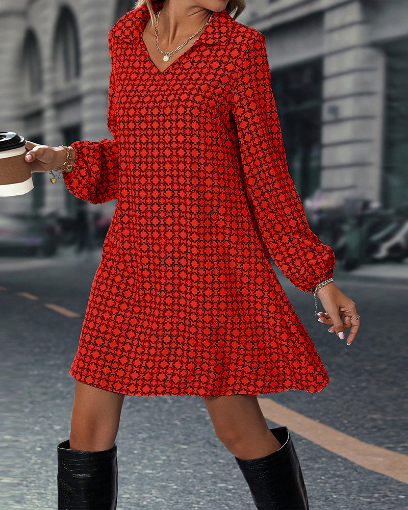 Printed Jurk met Revers en Lange Mouwen