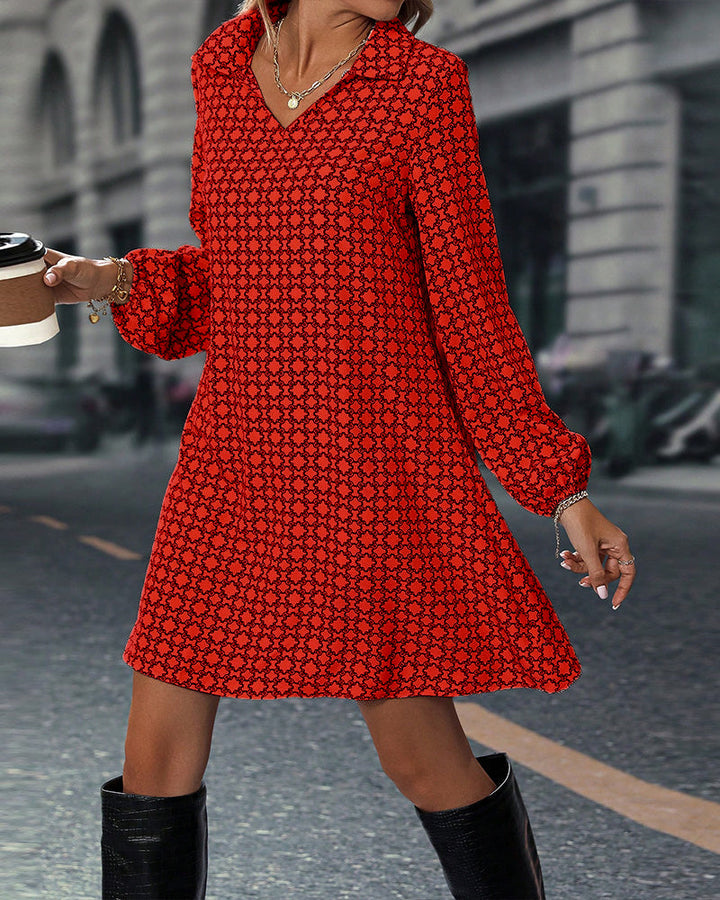 Printed Jurk met Revers en Lange Mouwen