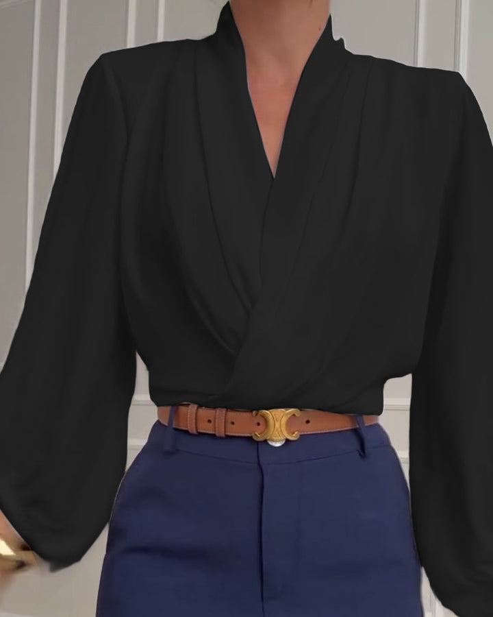 Modieuze effen V-hals blouse met lampionmouwen