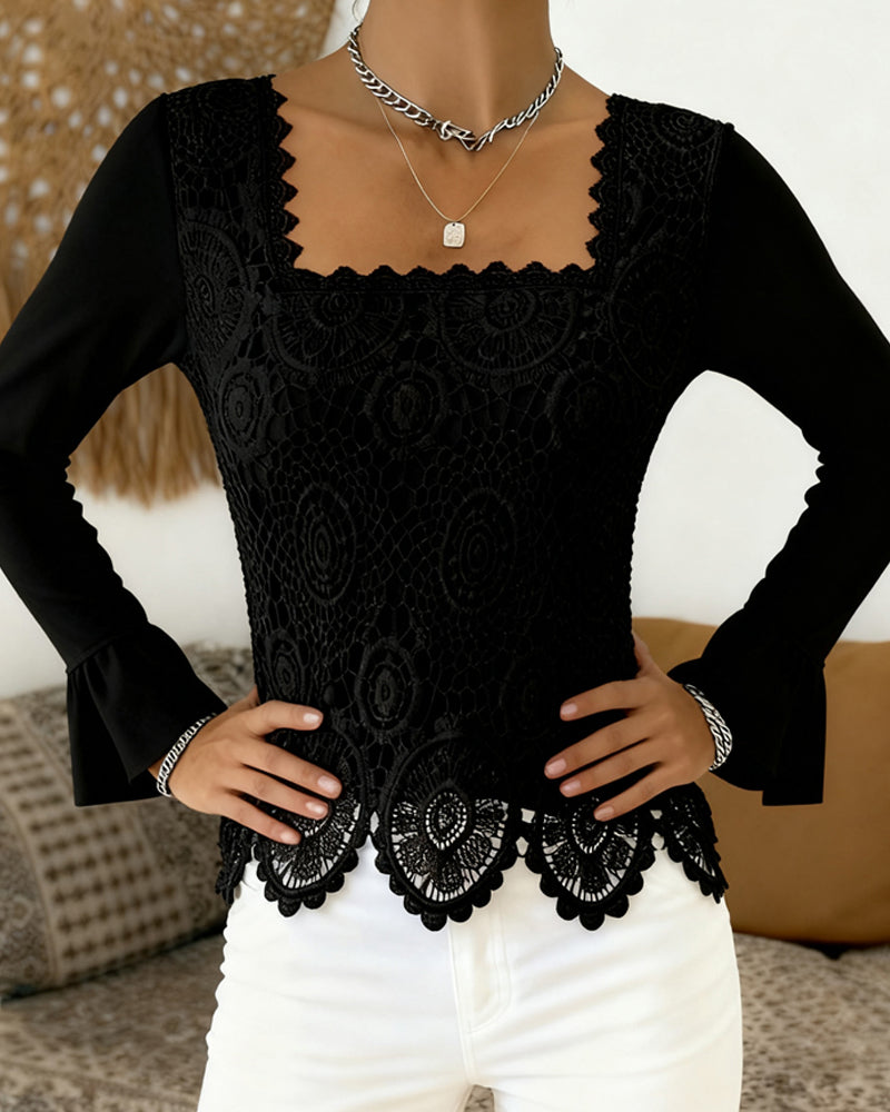 Gehaakte Patchwork Blouse met Wijde Hals