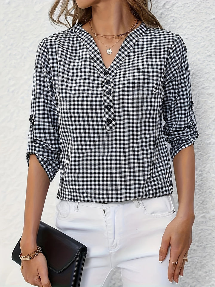 Elegante V-hals Ruitjesblouse