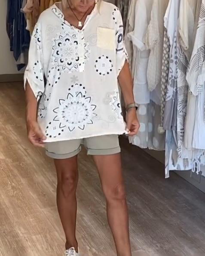 Veelzijdige V-Neck Printed Half Sleeves Blouse