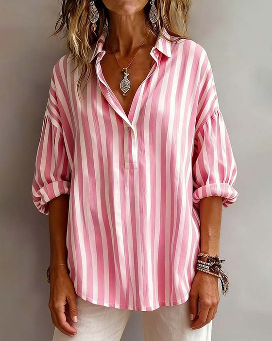 Gestreepte Losvallende Blouse met Kraag