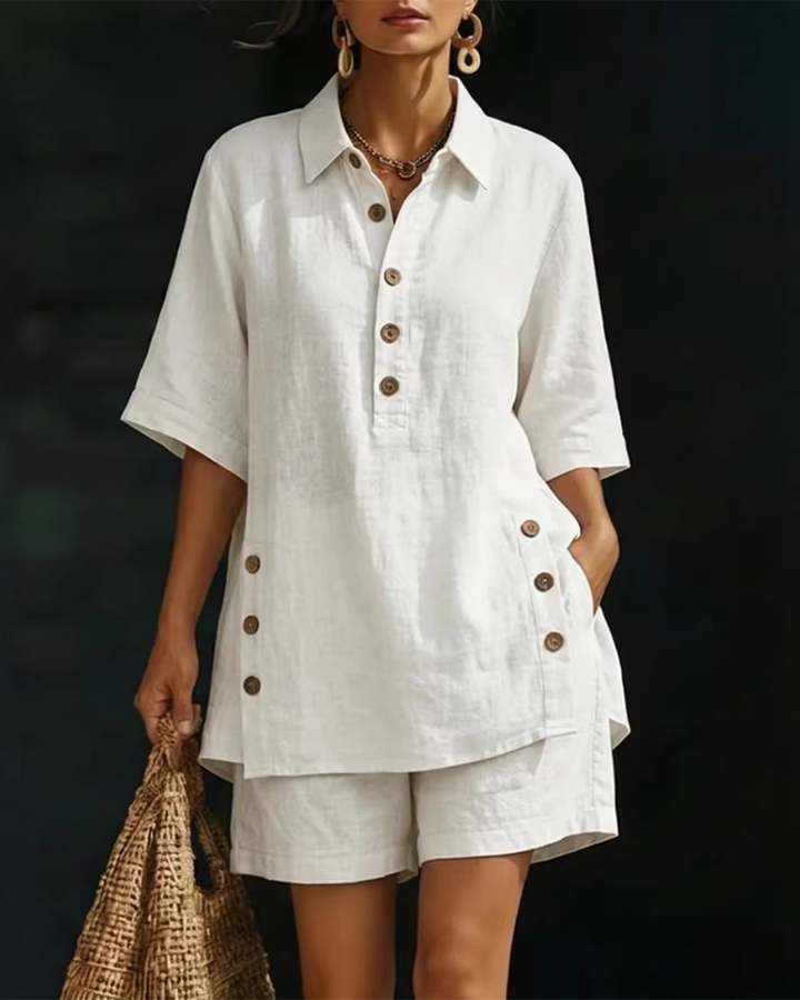 Casual tweedelige set met overhemdkraag en halve knoopsluiting