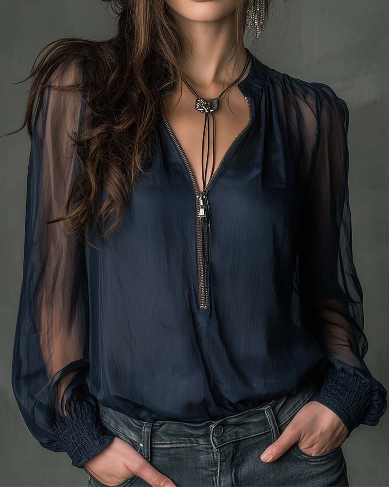 Halfrits Mesh Blouse met Lange Mouwen