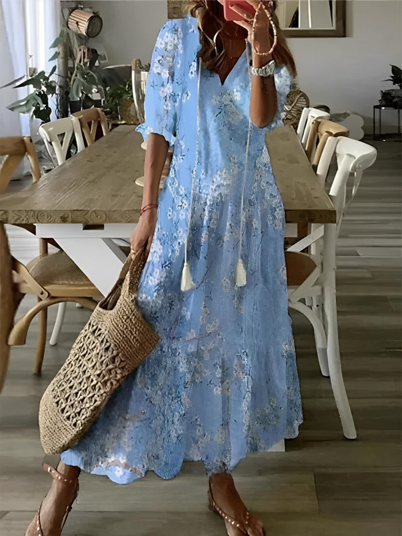 Boho Vintage V-hals Jurk met Print