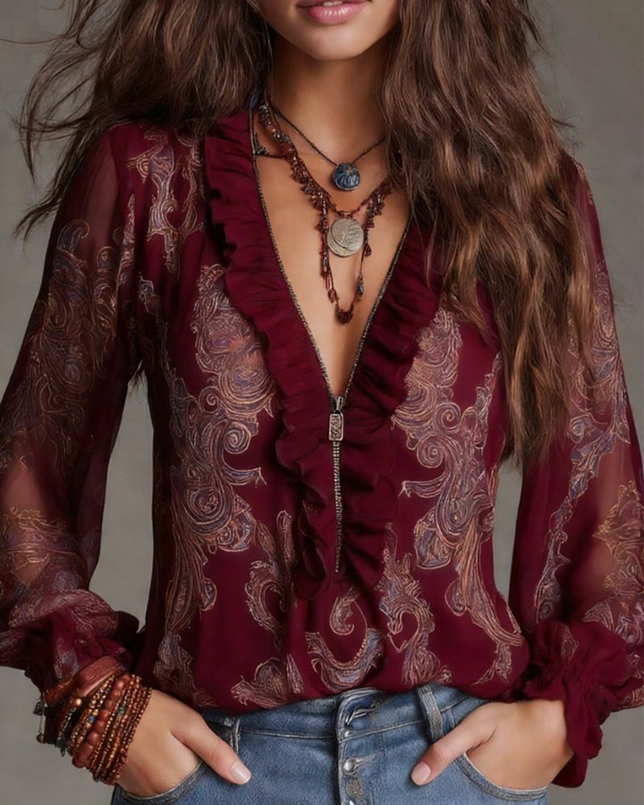 Half-Zip Ruffle Retro Blouse