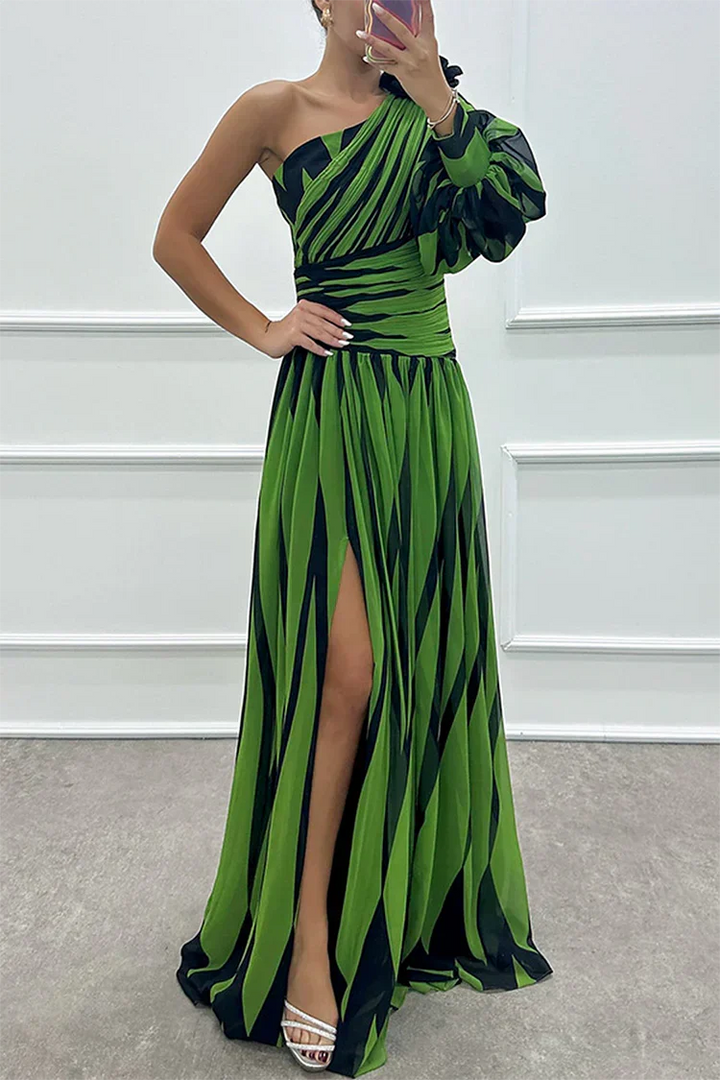 Elegante Gestreepte One Shoulder Maxi Jurk