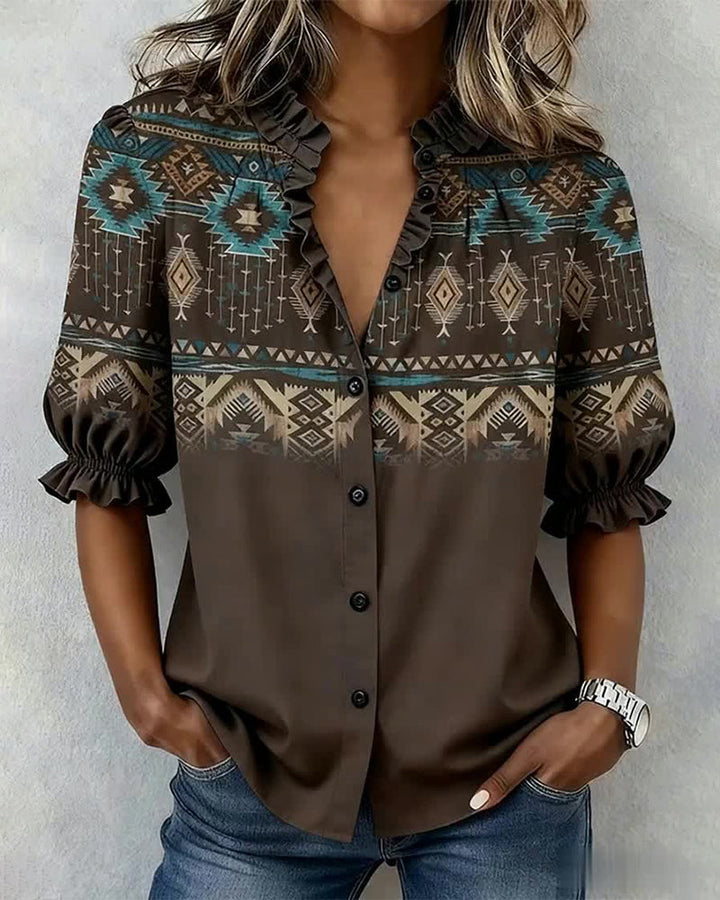 Bedrukte blouse met korte mouwen en ruches in Western Style