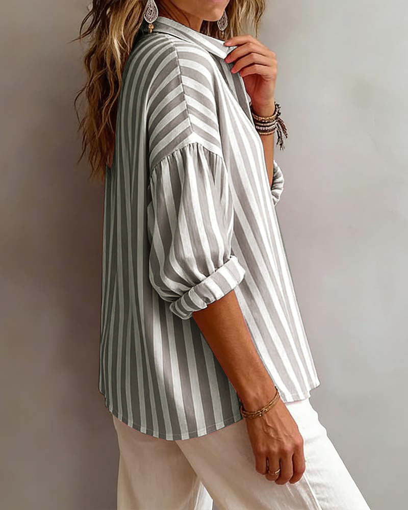 Gestreepte Losvallende Blouse met Kraag